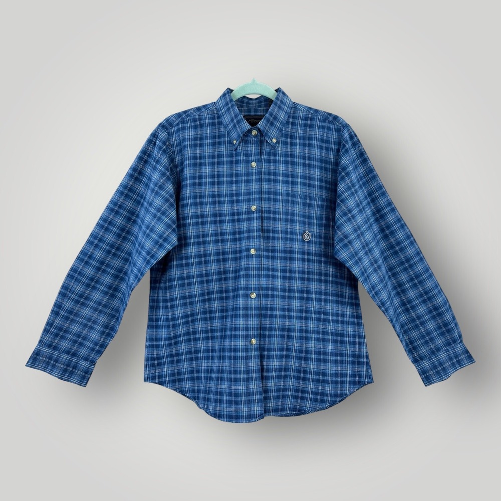 Roper Shirt Mens SMALL Blue Plaid Western Button Long Sleeve Horseshoe Logo